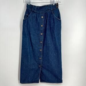 Vintage Sasson Denim Midi Skirt Small Sz 8 Dark Wash Button Front Pockets READ